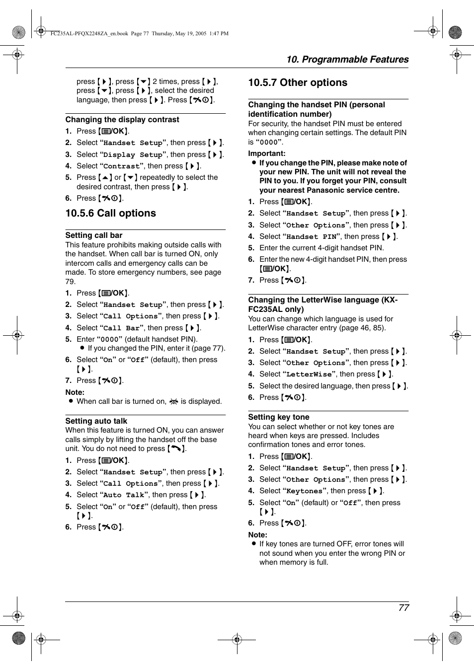 6 call options, 7 other options, Programmable features 77 | Panasonic KX-FC231NZ User Manual | Page 79 / 114