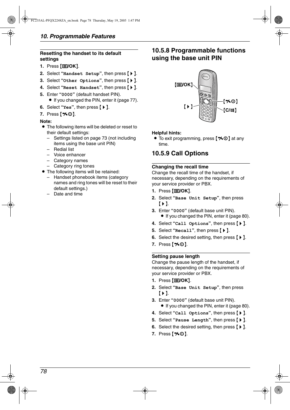 8 programmable functions using the base unit pin, 9 call options, Programmable features 78 | Panasonic KX-FC231NZ User Manual | Page 80 / 114