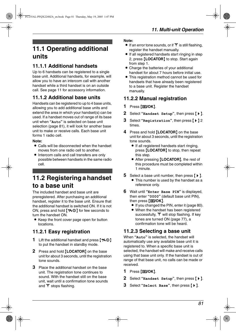 Multi-unit operation, Additional units, 1 operating additional units | 2 registering a handset to a base unit, Operating additional units, Registering a handset to a base unit 81, 1 operating additional units, 2 registering a handset to a base unit, 1 additional handsets, 2 additional base units | Panasonic KX-FC231NZ User Manual | Page 83 / 114