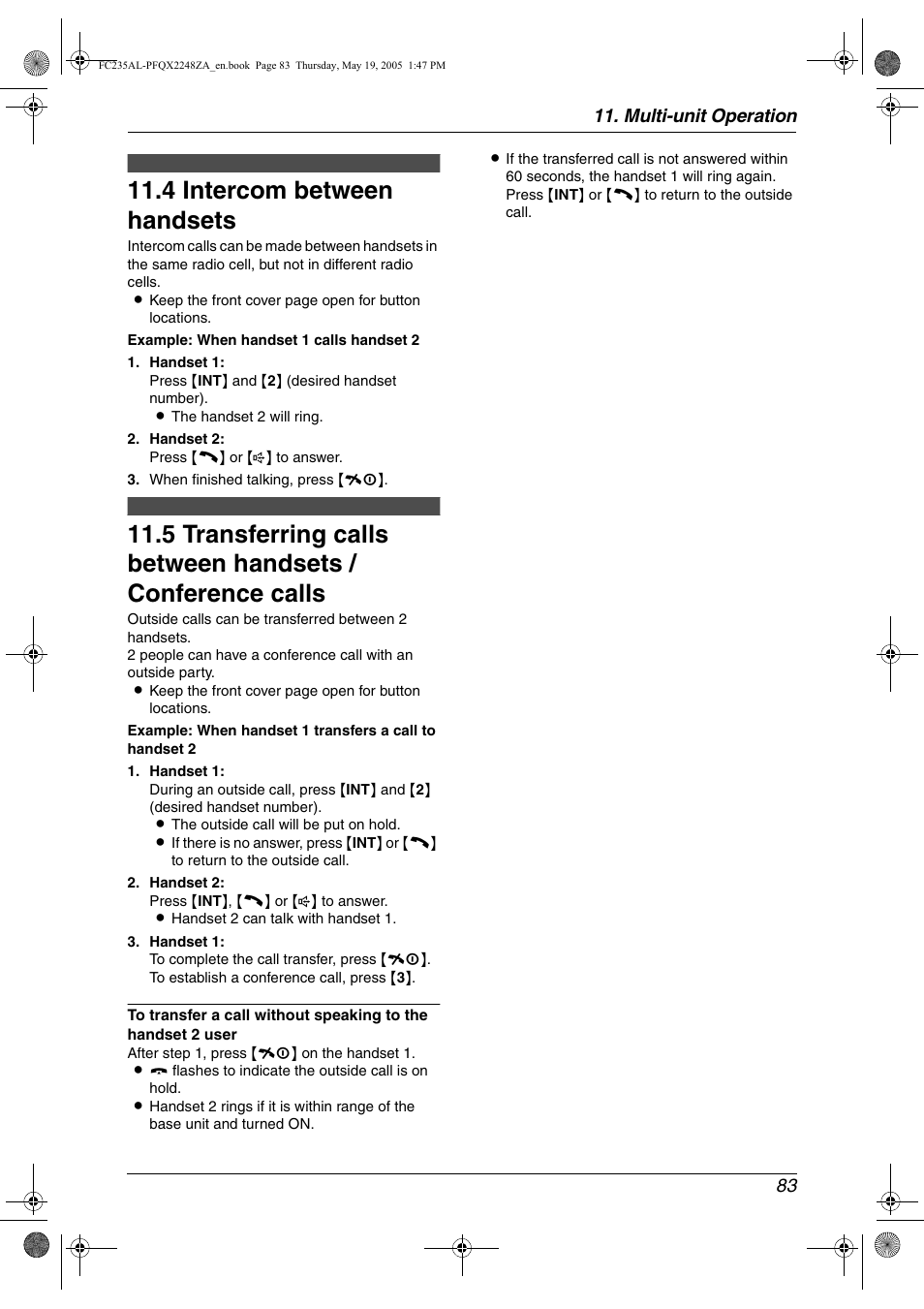 4 intercom between handsets, Intercom between handsets, Transferring calls between handsets | Conference calls, 4 intercom between handsets | Panasonic KX-FC231NZ User Manual | Page 85 / 114