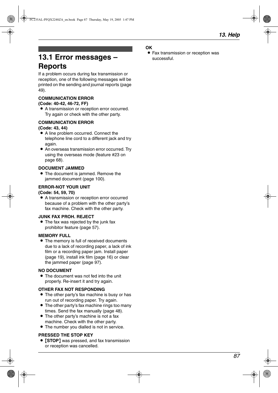 Help, Error messages, 1 error messages – reports | Error messages – reports, 1 error messages – reports, Help 87 | Panasonic KX-FC231NZ User Manual | Page 89 / 114