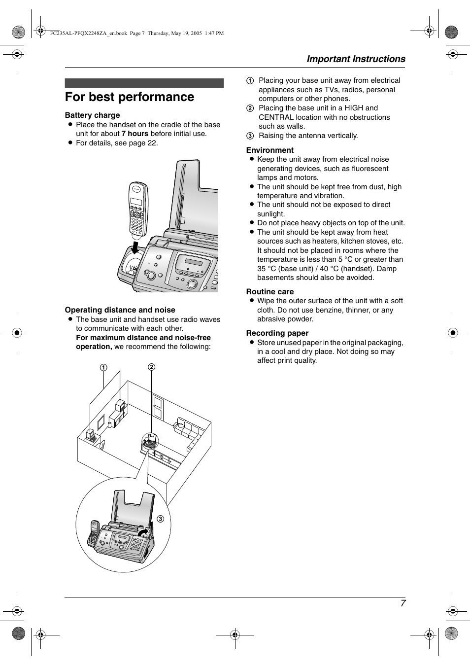 For best performance, Important instructions 7 | Panasonic KX-FC231NZ User Manual | Page 9 / 114