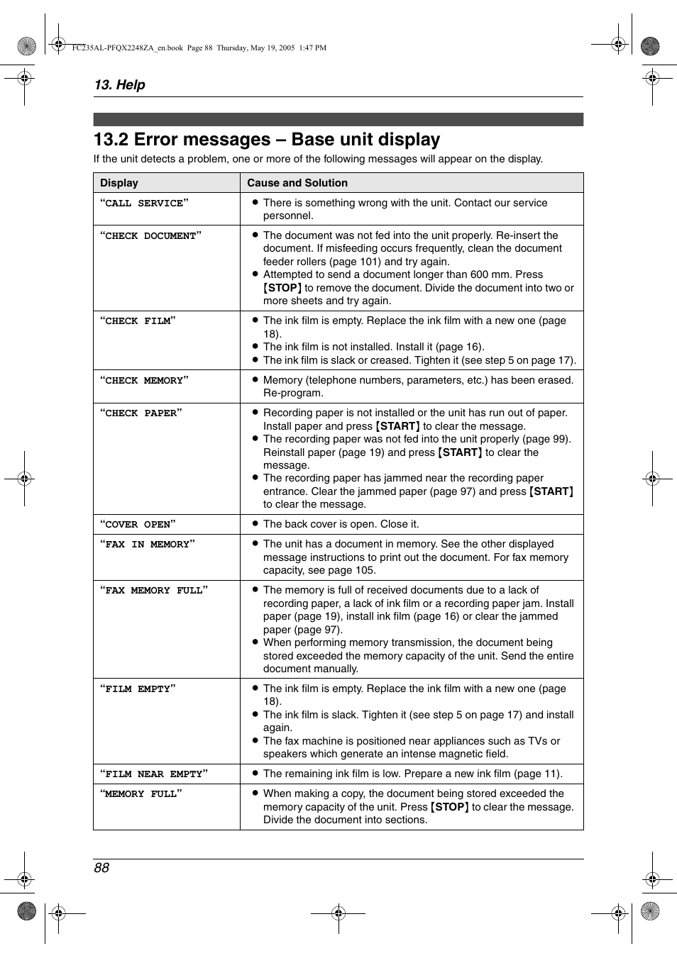 2 error messages – base unit display, Error messages – base unit display . 88, 2 error messages – base unit display | Help 88 | Panasonic KX-FC231NZ User Manual | Page 90 / 114