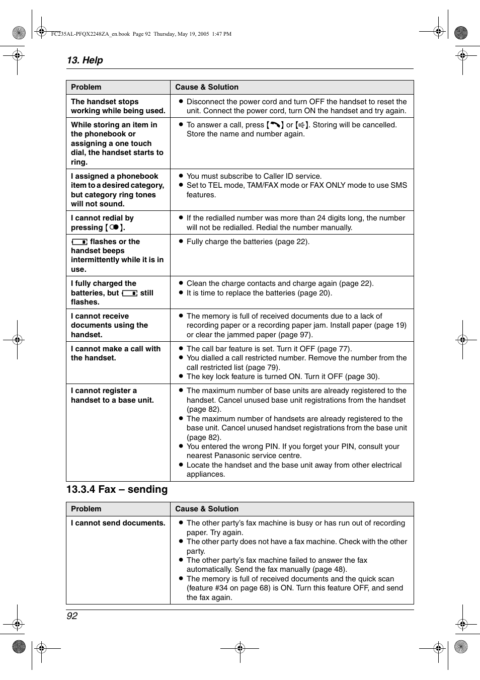 4 fax – sending, Help 92 | Panasonic KX-FC231NZ User Manual | Page 94 / 114
