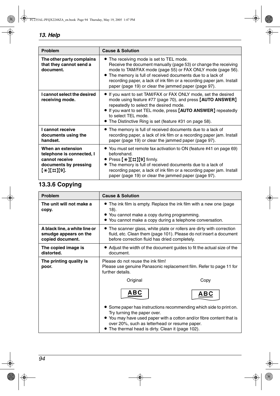 6 copying, A b c, Help 94 | Panasonic KX-FC231NZ User Manual | Page 96 / 114
