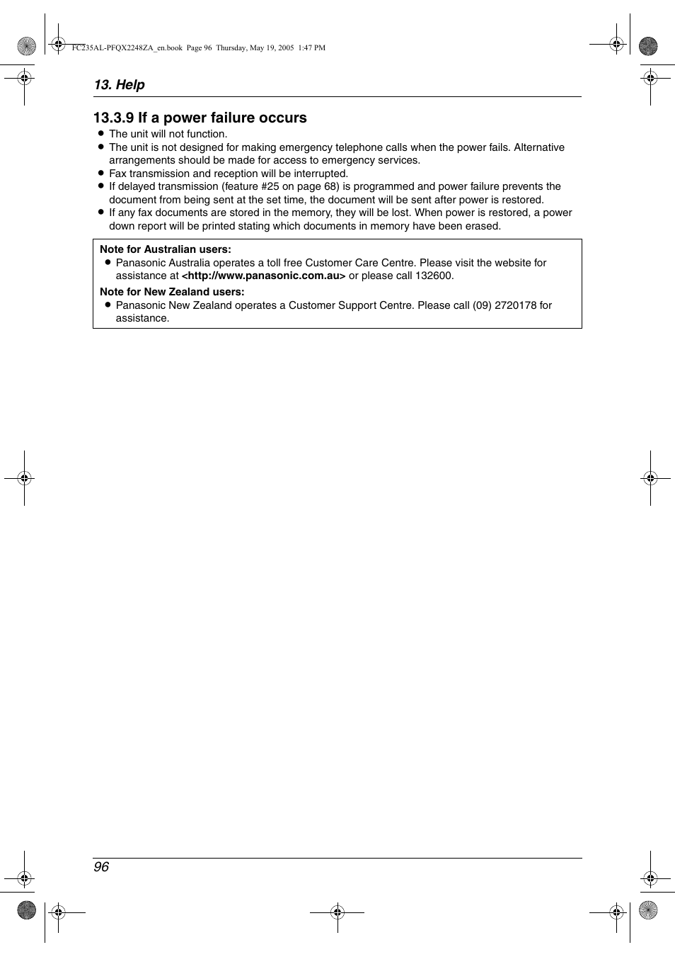 9 if a power failure occurs, Help 96 | Panasonic KX-FC231NZ User Manual | Page 98 / 114