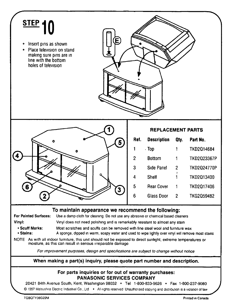 Replacement parts, To maintain appearance we recommend the following, Panasonic services company | Step | Panasonic TY-36G22M User Manual | Page 4 / 4