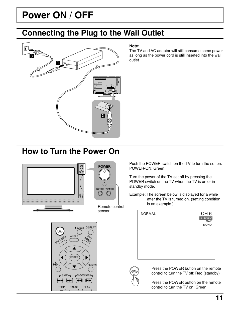 Power on/off, Power on / off, How to turn the power on | Connecting the plug to the wall outlet, Ch 6 | Panasonic TC 11LV1 User Manual | Page 11 / 60