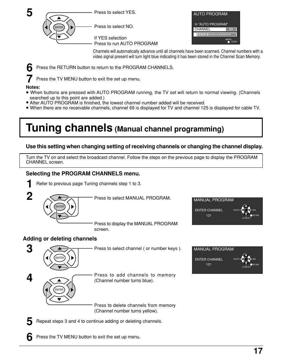 Tuning channels (manual channel programming), Tuning channels, Manual channel programming) | Panasonic TC 11LV1 User Manual | Page 17 / 60