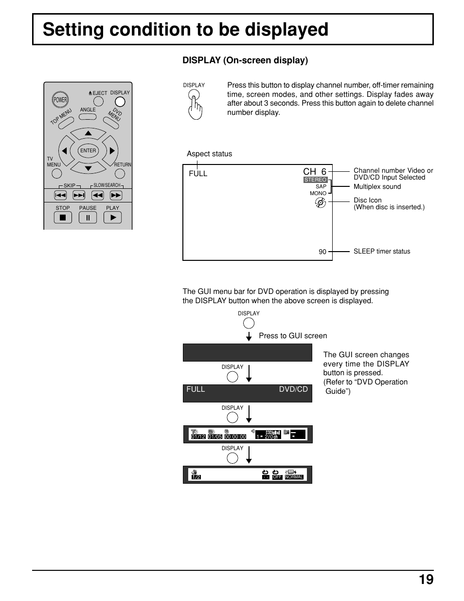 Setting condition to be displayed, Display (on-screen display), Ch 6 | Panasonic TC 11LV1 User Manual | Page 19 / 60