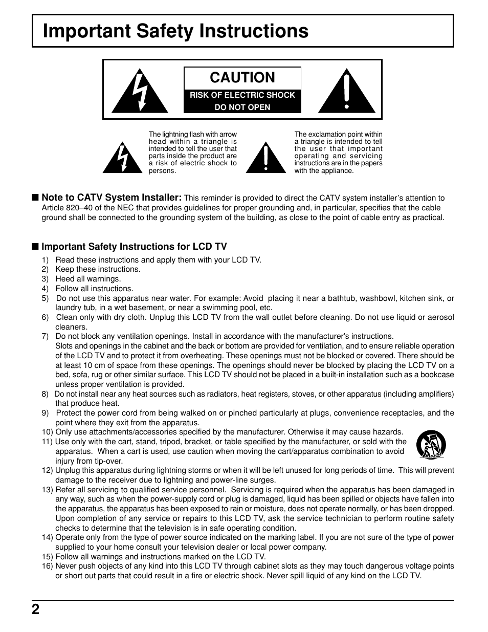 Installation and tv settings, Important safety instructions, Caution | Panasonic TC 11LV1 User Manual | Page 2 / 60