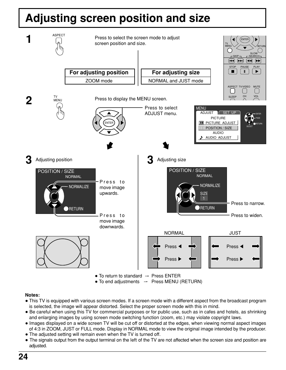 Adjusting screen position and size | Panasonic TC 11LV1 User Manual | Page 24 / 60