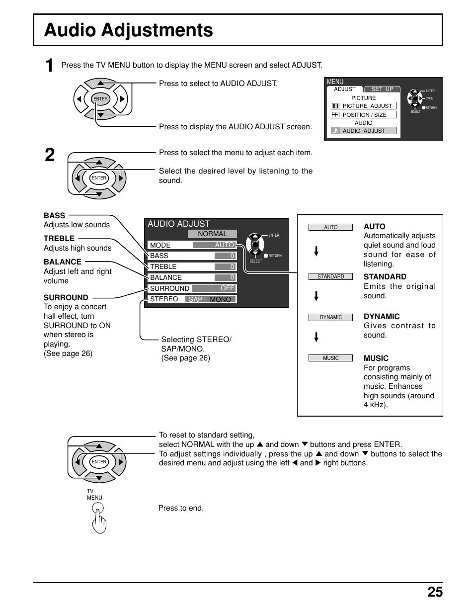 Audio adjustments | Panasonic TC 11LV1 User Manual | Page 25 / 60