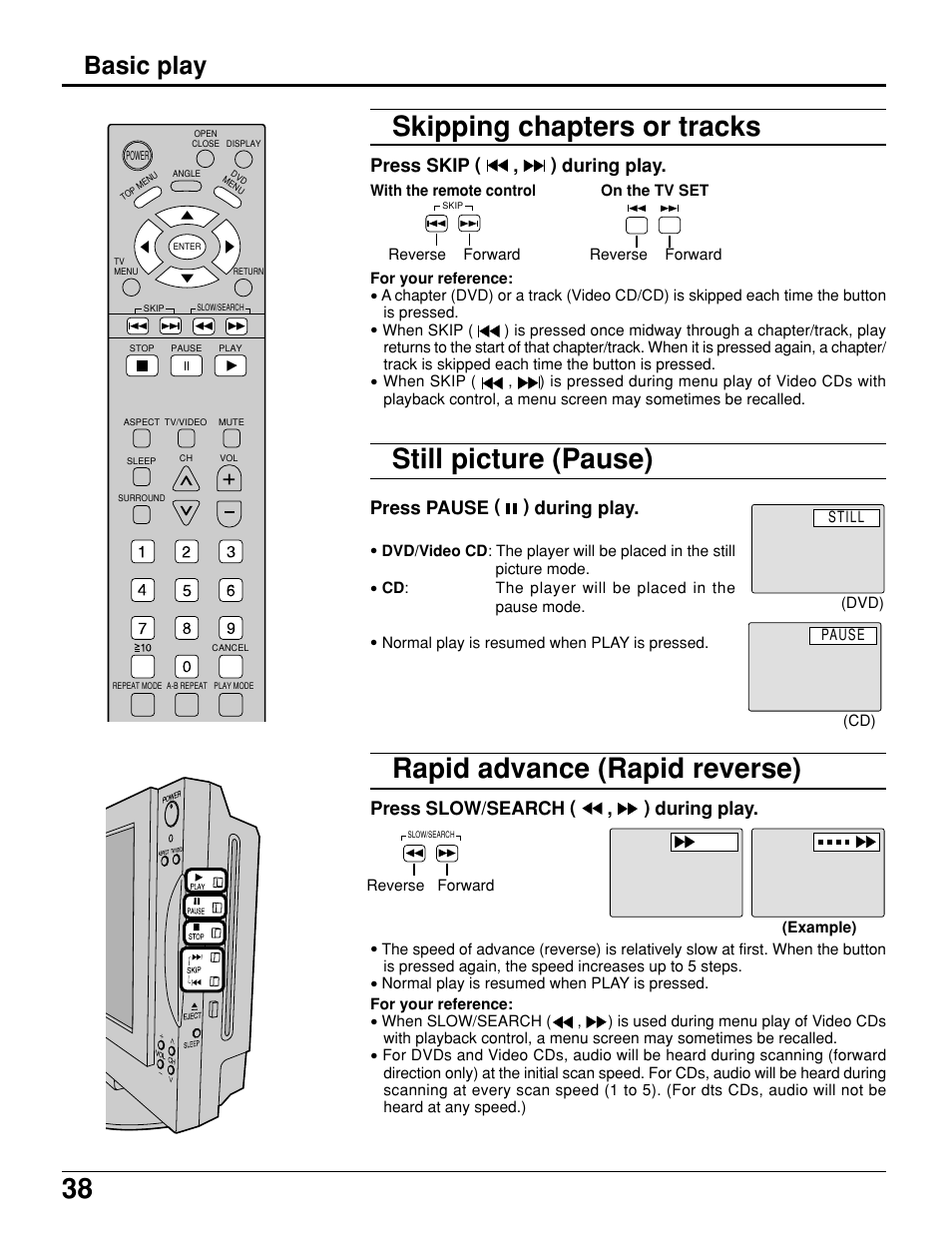 38 still picture (pause), Skipping chapters or tracks, Rapid advance (rapid reverse) | Basic play | Panasonic TC 11LV1 User Manual | Page 38 / 60