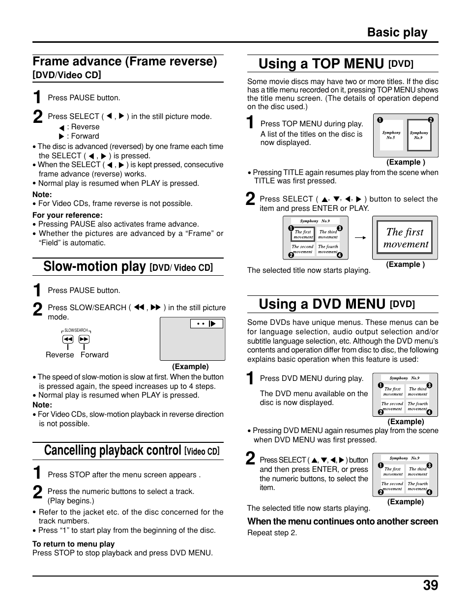 Slow-motion play, Cancelling playback control, Using a top menu | Using a dvd menu, Frame advance (frame reverse), Basic play | Panasonic TC 11LV1 User Manual | Page 39 / 60