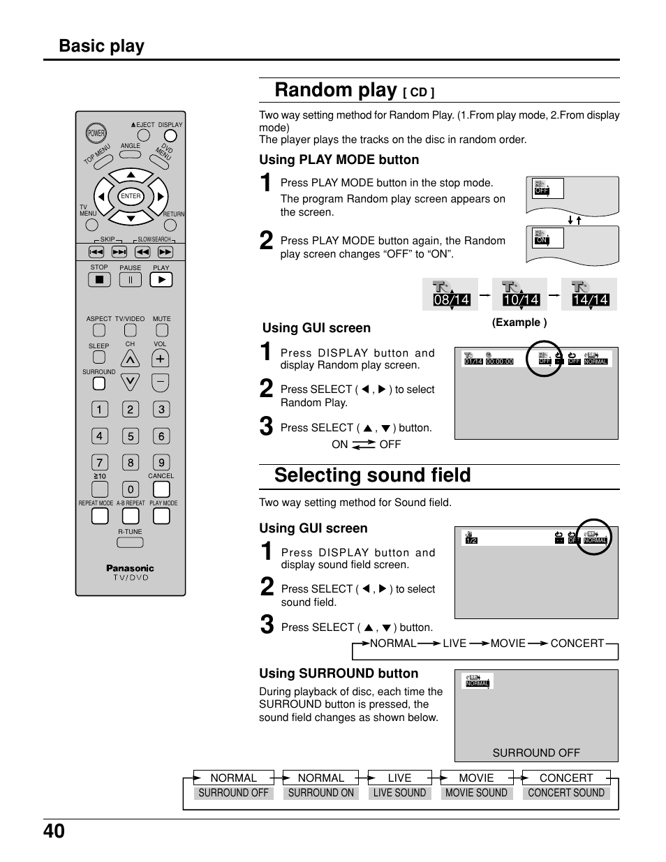 Random play, Selecting sound field, Basic play | Panasonic TC 11LV1 User Manual | Page 40 / 60