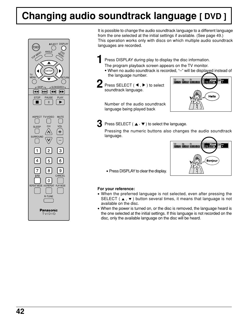 Changing audio soundtrack language (dvd), Changing audio soundtrack language | Panasonic TC 11LV1 User Manual | Page 42 / 60