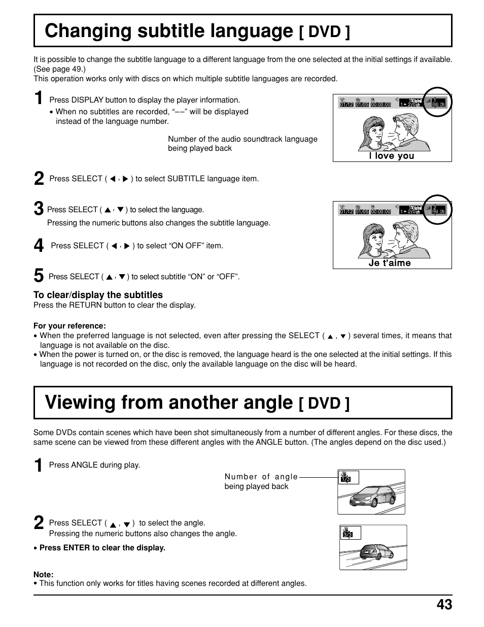 Changing subtitle language (dvd), Viewing from another angle (dvd), Changing subtitle language | Viewing from another angle | Panasonic TC 11LV1 User Manual | Page 43 / 60