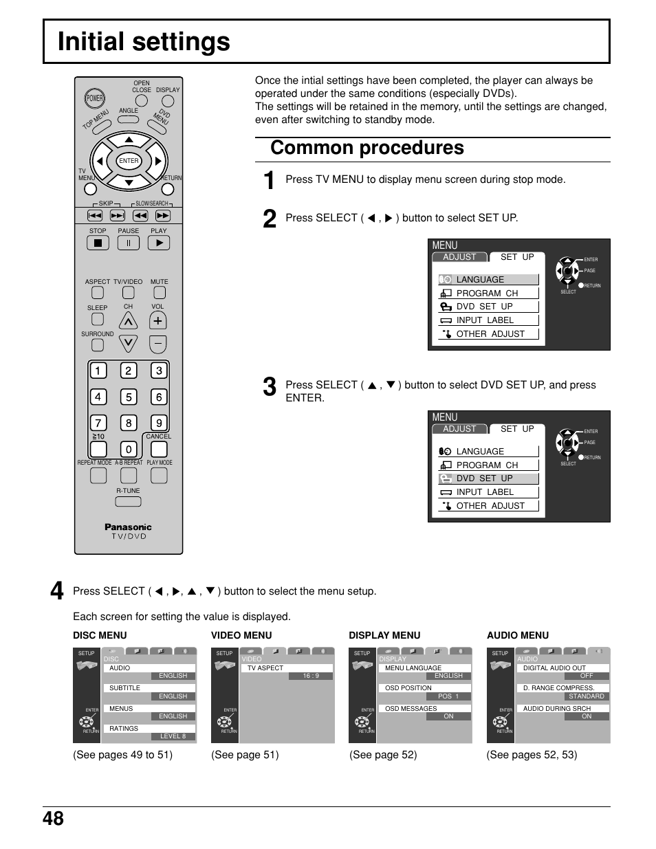 Initial settings, Initial settings 1, Common procedures | Press select ( , ) button to select set up, Menu | Panasonic TC 11LV1 User Manual | Page 48 / 60