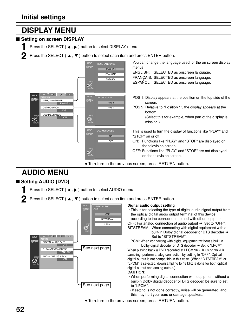 Display menu, Audio menu, Initial settings | Setting on screen display, Setting audio [dvd | Panasonic TC 11LV1 User Manual | Page 52 / 60