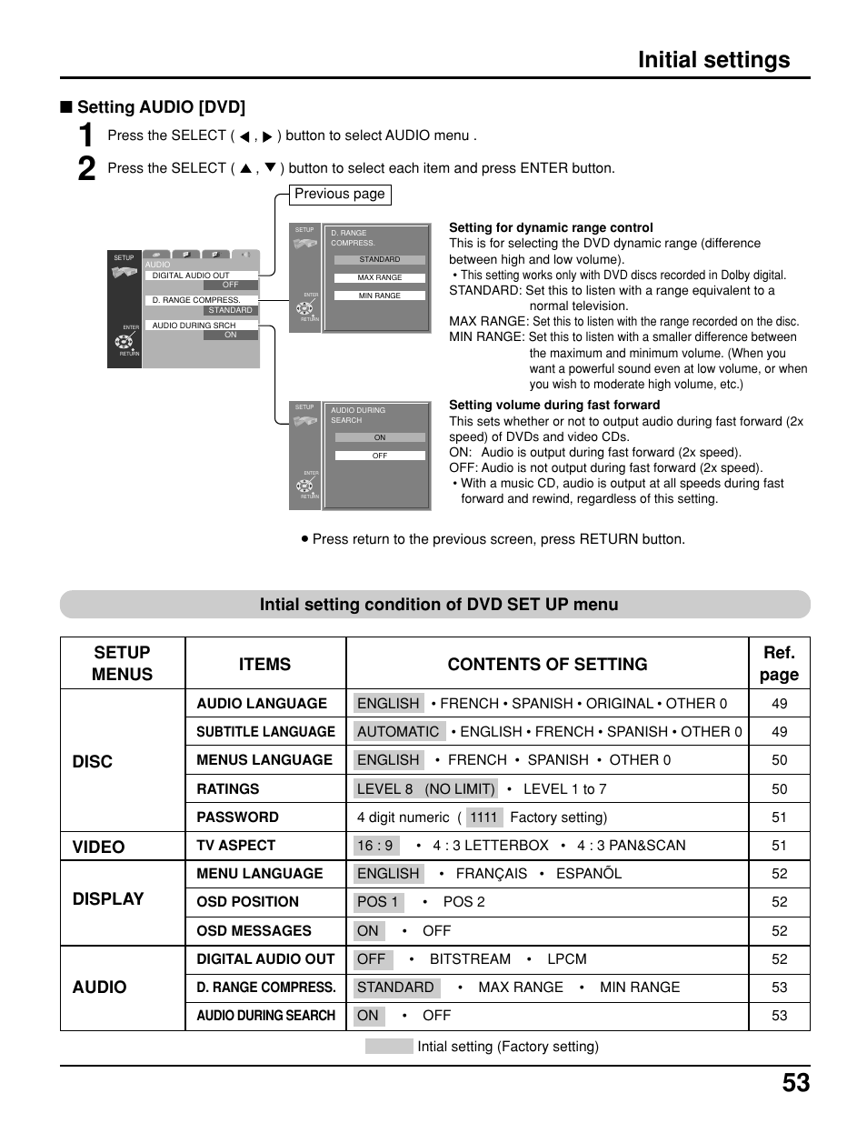 Initial settings, Display items contents of setting, Ref. page | Setting audio [dvd | Panasonic TC 11LV1 User Manual | Page 53 / 60