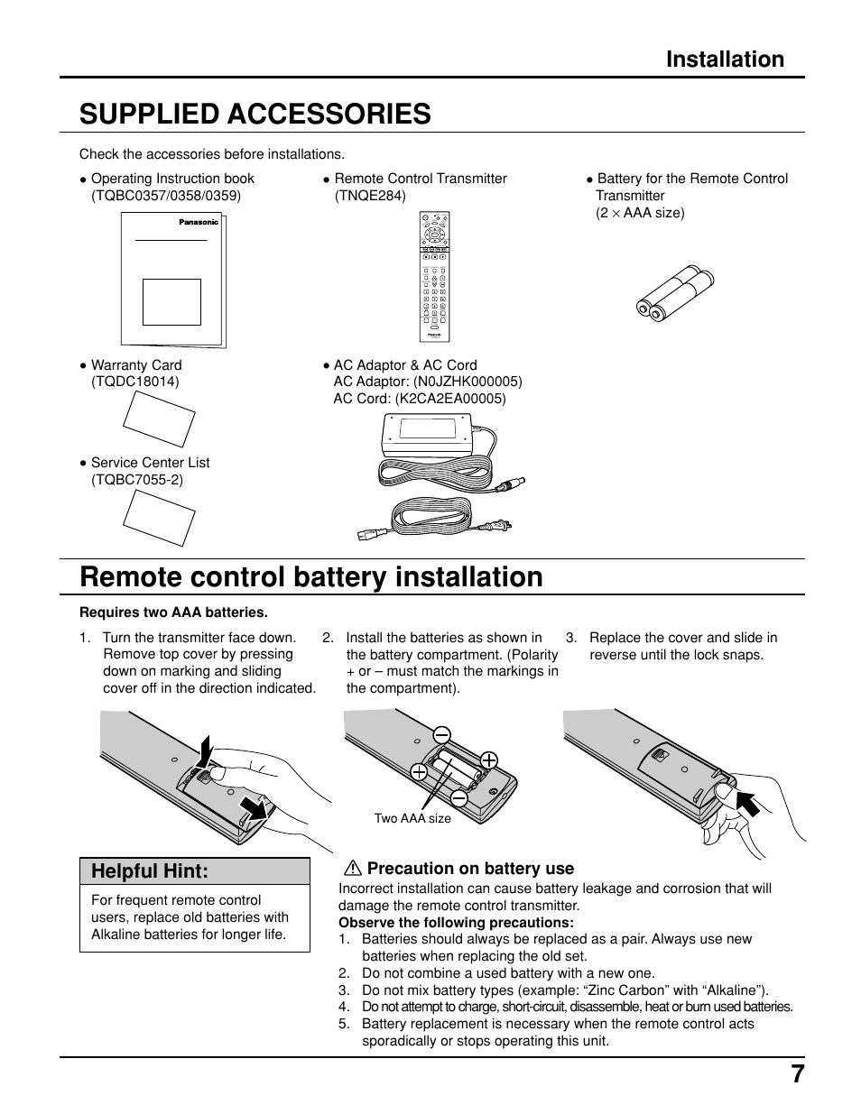 Remote control battery installation, Supplied accessories, Installation | Helpful hint | Panasonic TC 11LV1 User Manual | Page 7 / 60