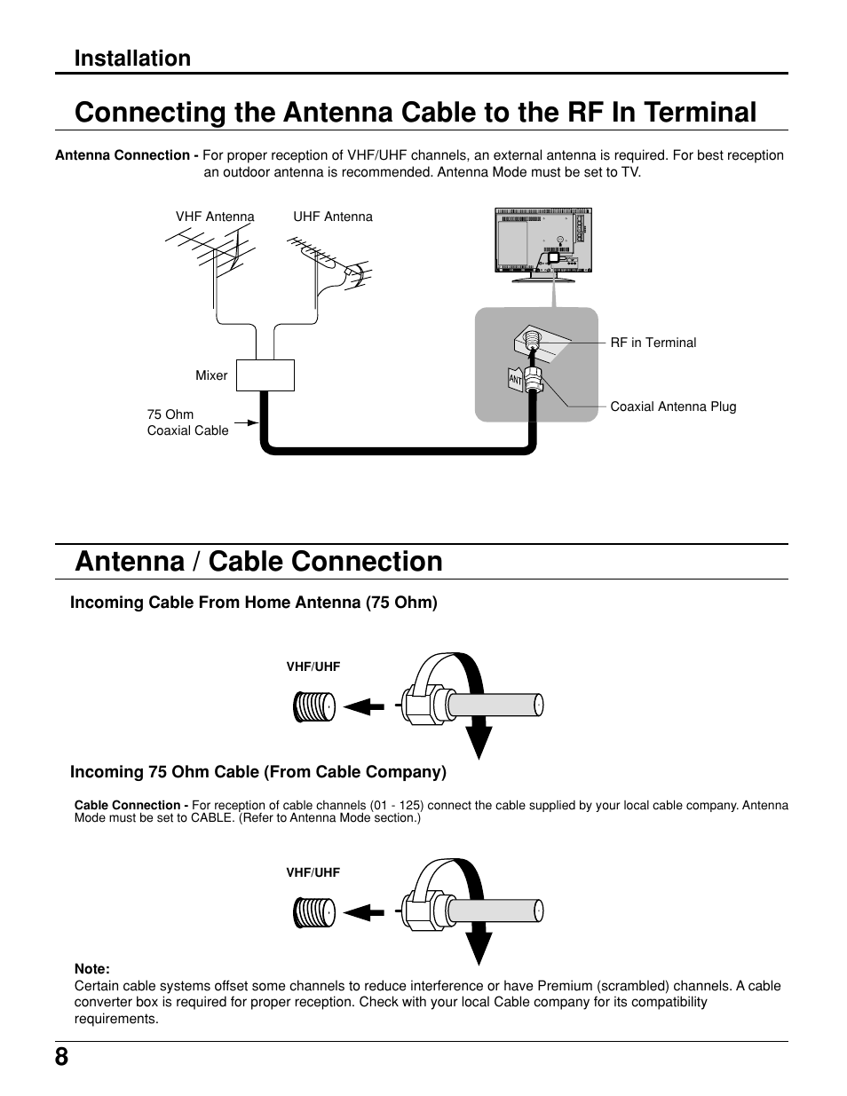 Connecting the antenna cable to the rf in terminal, Antenna / cable connection, Installation | Panasonic TC 11LV1 User Manual | Page 8 / 60