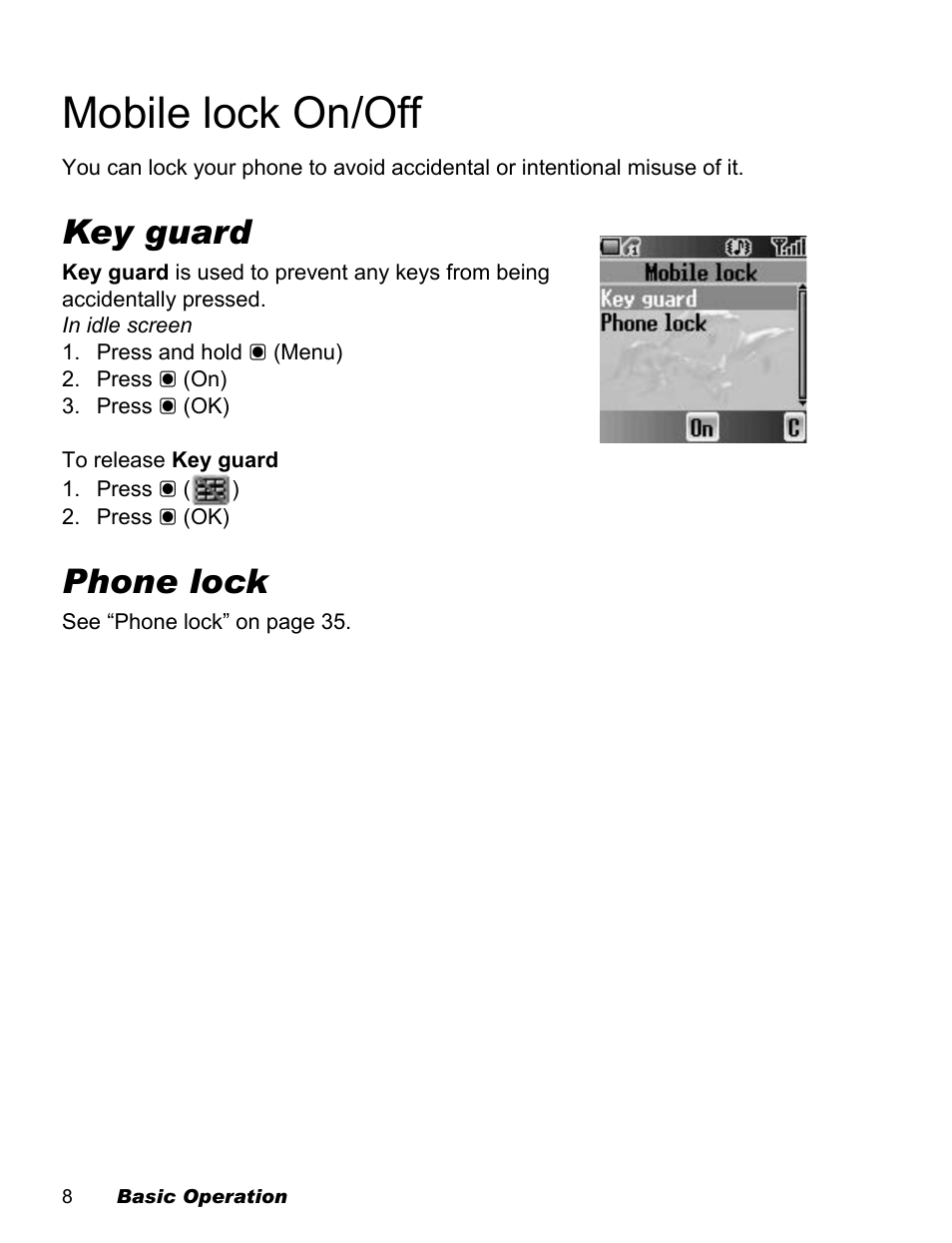 Mobile lock on/off, Key guard, Phone lock | Panasonic EB-X100 User Manual | Page 10 / 109