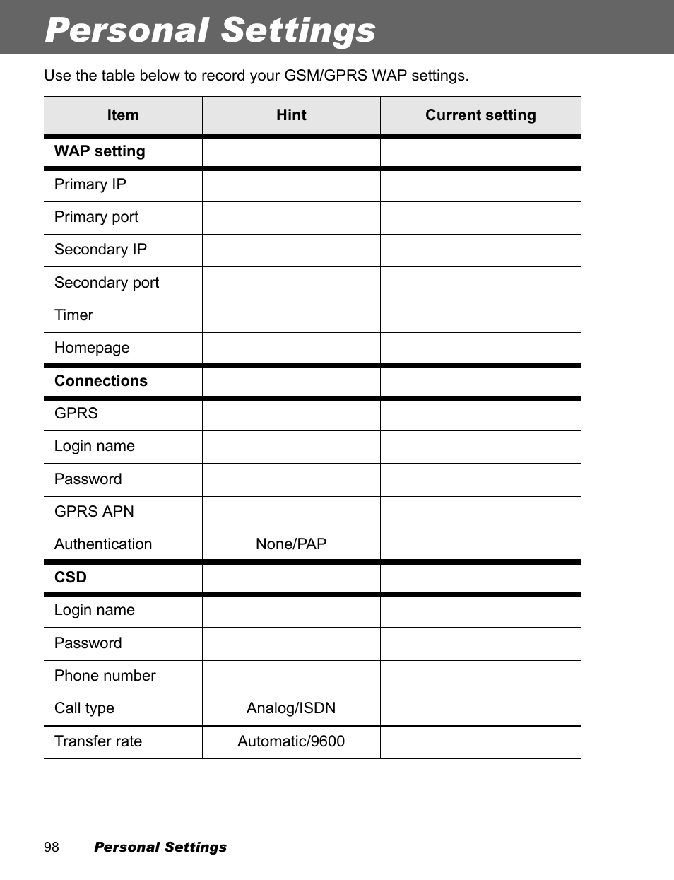 Personal settings | Panasonic EB-X100 User Manual | Page 100 / 109