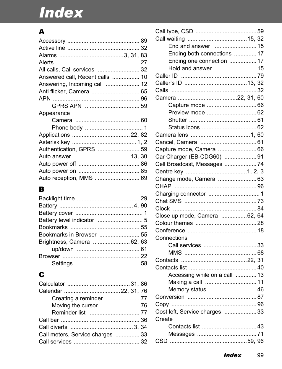 Index | Panasonic EB-X100 User Manual | Page 101 / 109