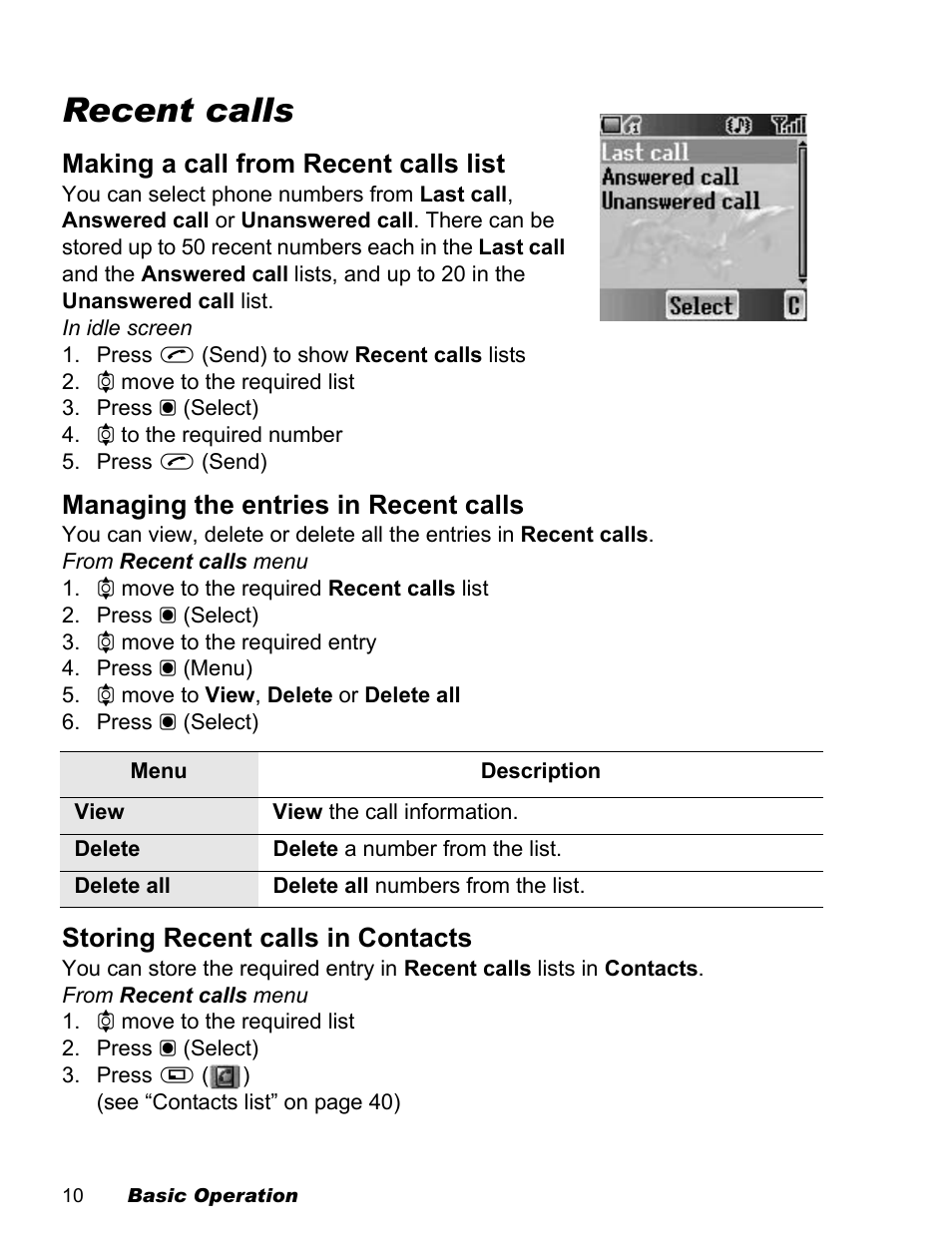 Recent calls, Making a call from recent calls list, Managing the entries in recent calls | Storing recent calls in contacts | Panasonic EB-X100 User Manual | Page 12 / 109