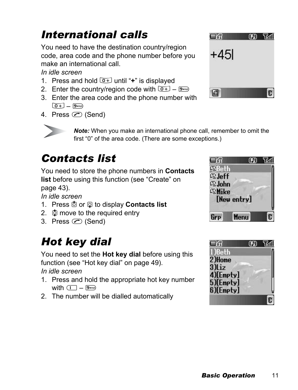 International calls, Contacts list, Hot key dial | Panasonic EB-X100 User Manual | Page 13 / 109