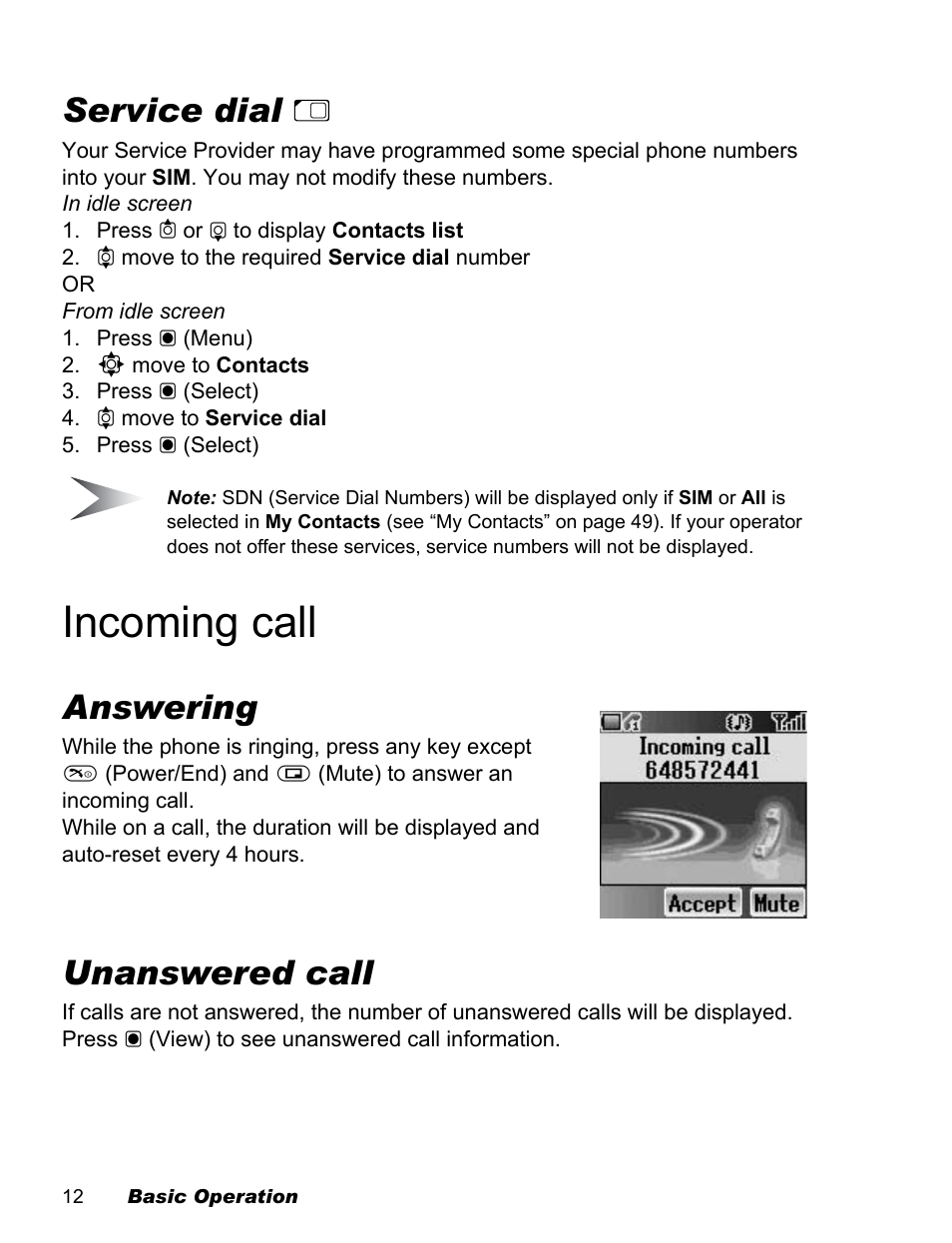 Incoming call, Service dial, Answering | Unanswered call | Panasonic EB-X100 User Manual | Page 14 / 109