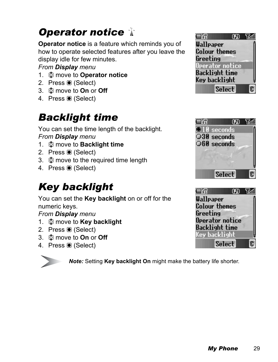 Operator notice, Backlight time, Key backlight | Panasonic EB-X100 User Manual | Page 31 / 109