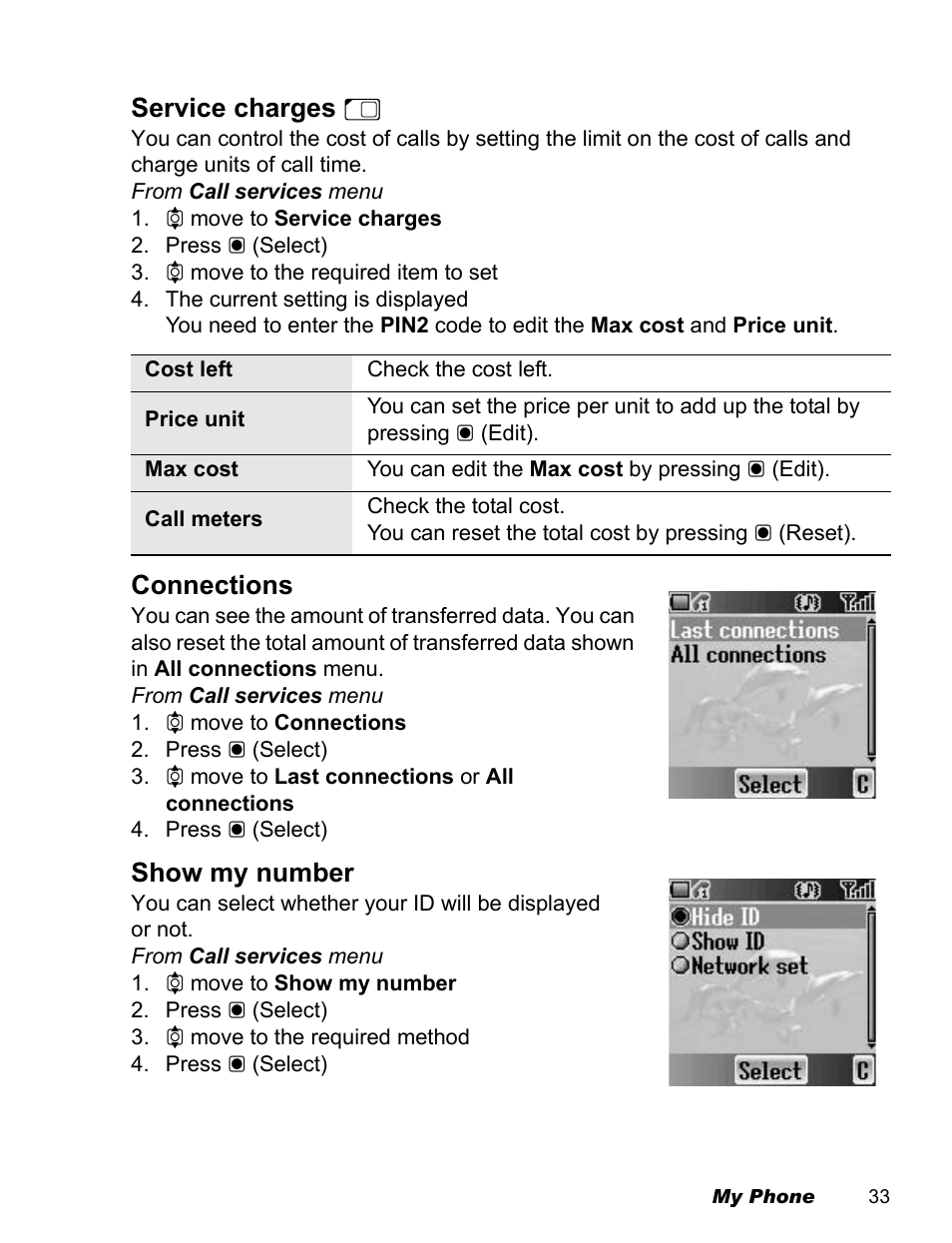 Service charges, Connections, Show my number | Panasonic EB-X100 User Manual | Page 35 / 109