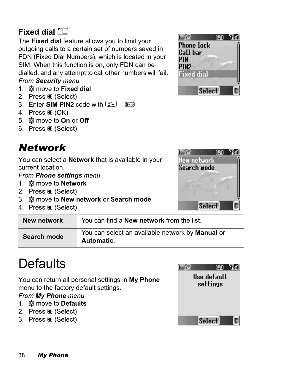 Defaults, Network | Panasonic EB-X100 User Manual | Page 40 / 109