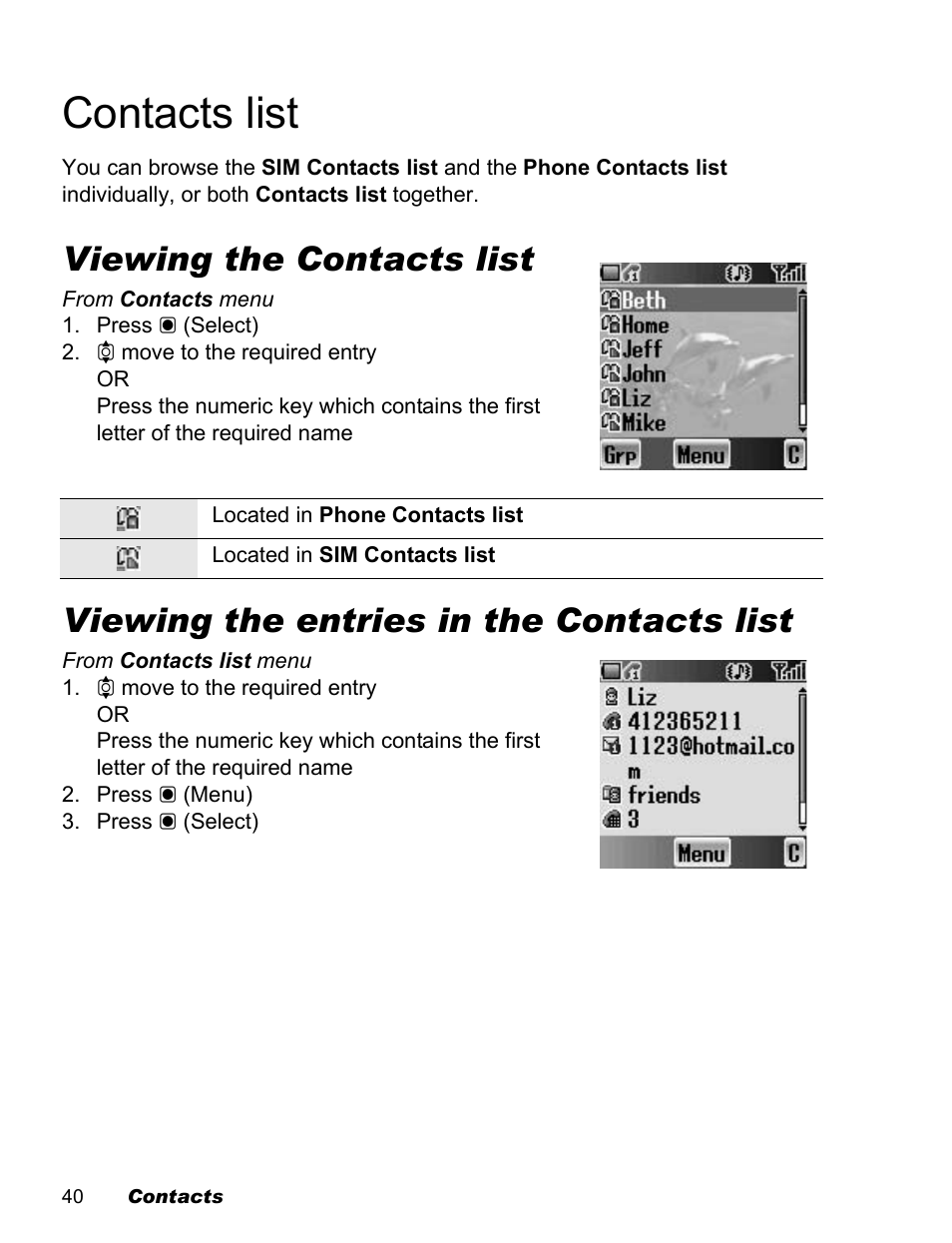 Contacts list, Viewing the contacts list, Viewing the entries in the contacts list | Panasonic EB-X100 User Manual | Page 42 / 109