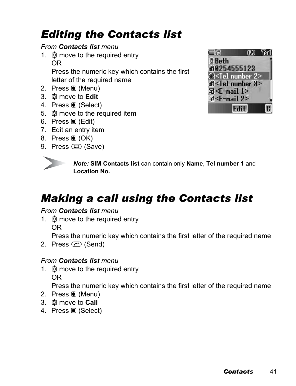 Editing the contacts list, Making a call using the contacts list | Panasonic EB-X100 User Manual | Page 43 / 109