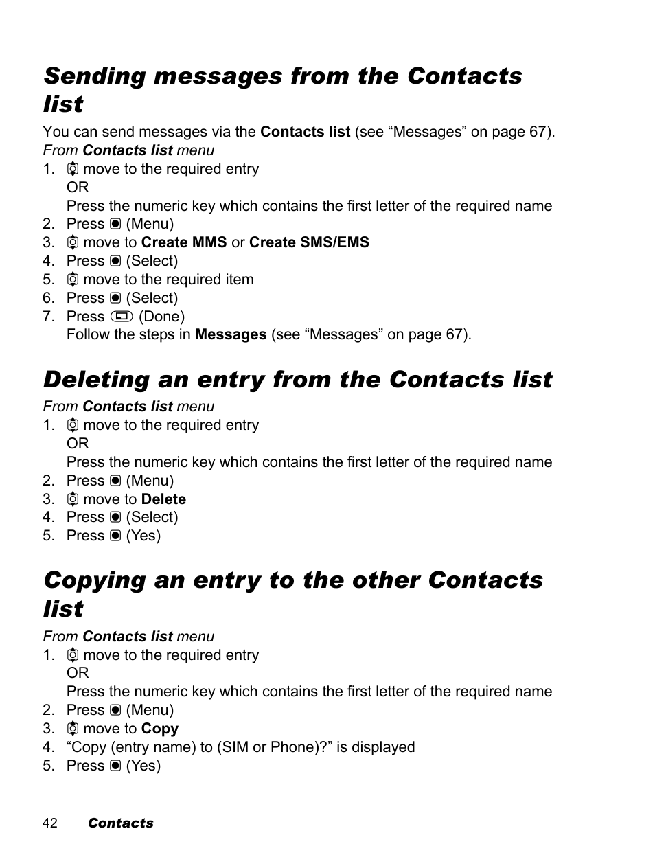 Sending messages from the contacts list, Deleting an entry from the contacts list, Copying an entry to the other contacts list | Panasonic EB-X100 User Manual | Page 44 / 109