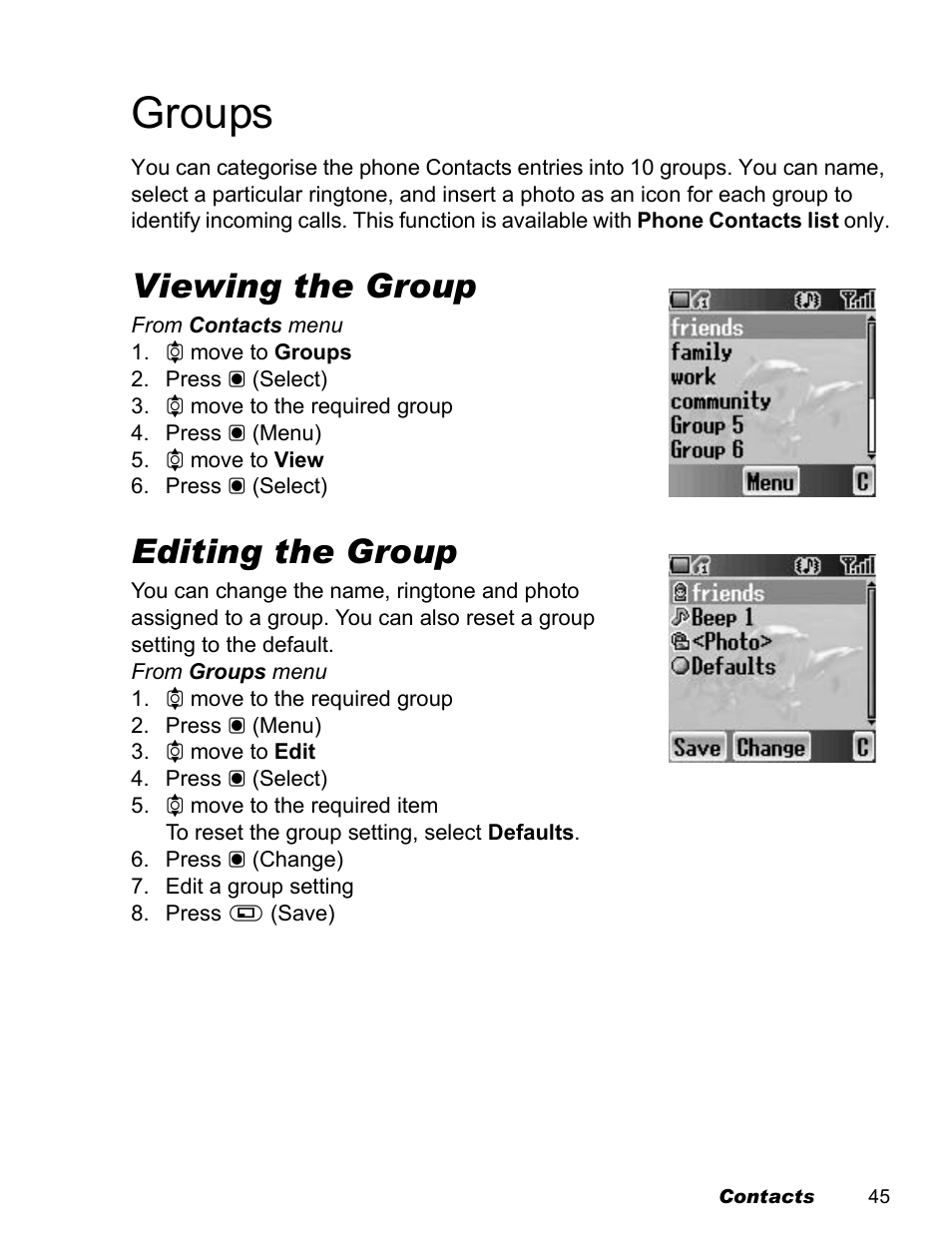 Groups, Viewing the group, Editing the group | Panasonic EB-X100 User Manual | Page 47 / 109