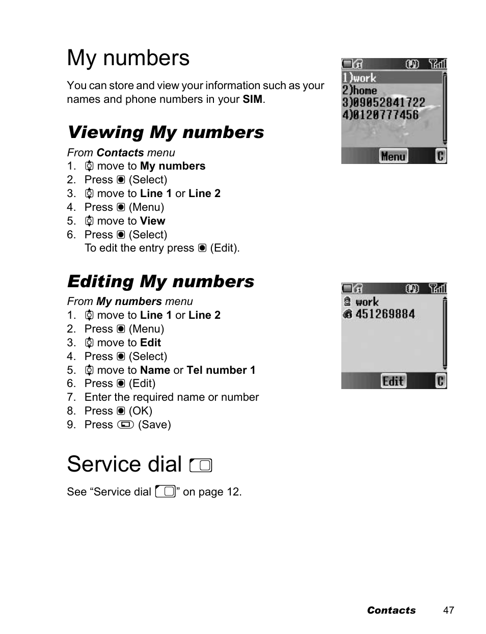 My numbers, Service dial, Viewing my numbers | Editing my numbers | Panasonic EB-X100 User Manual | Page 49 / 109