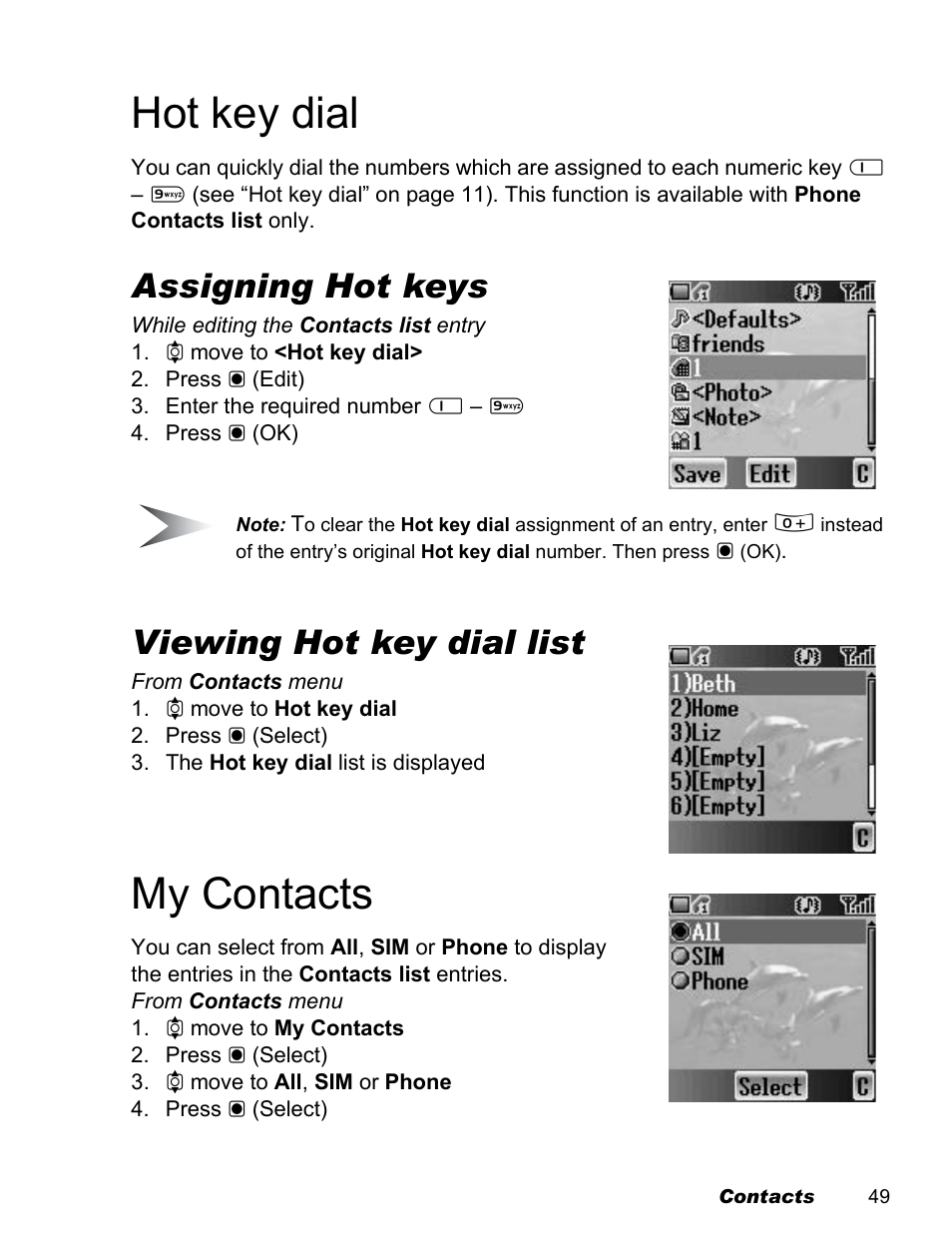 Hot key dial, My contacts, Assigning hot keys | Viewing hot key dial list | Panasonic EB-X100 User Manual | Page 51 / 109