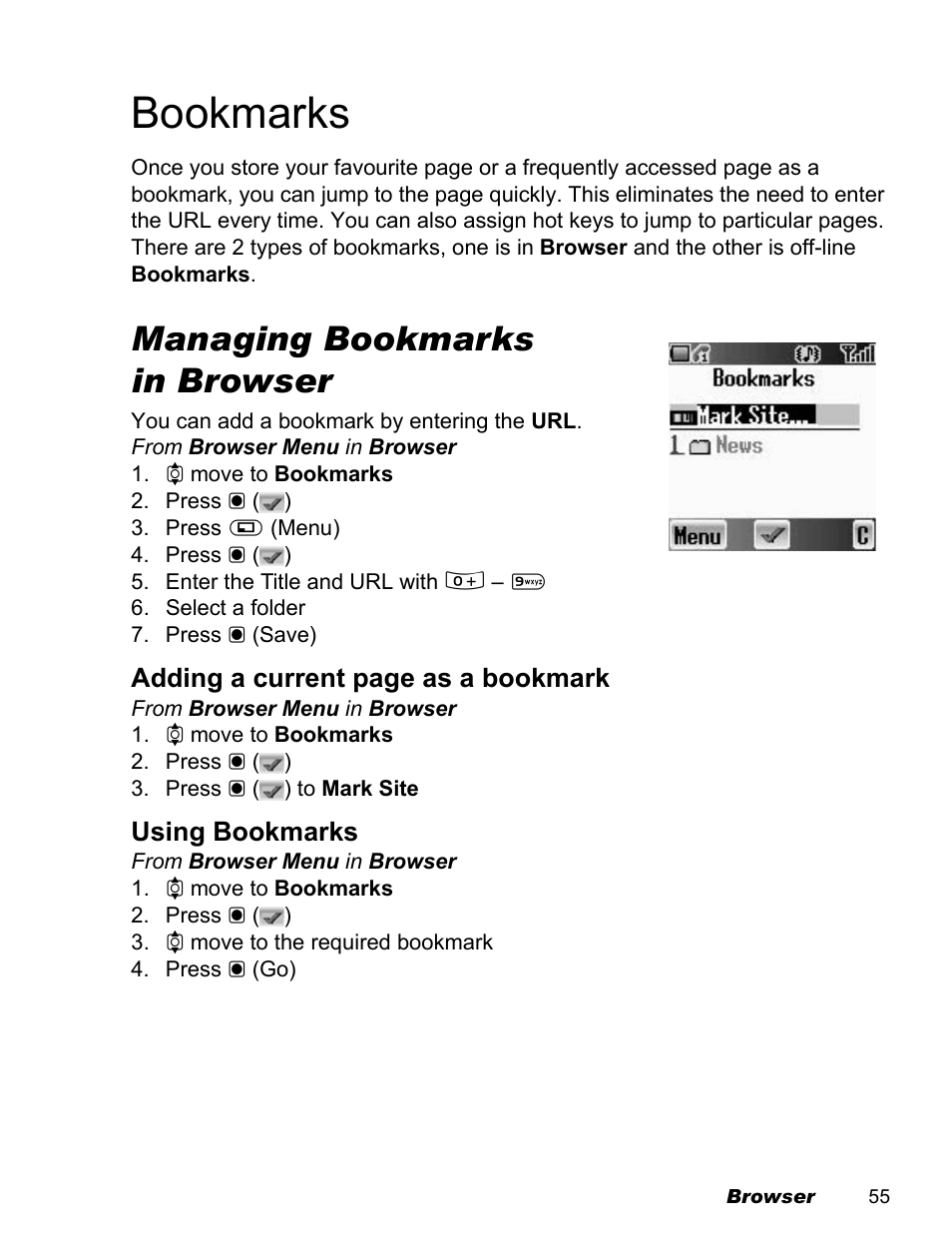 Bookmarks, Managing bookmarks in browser | Panasonic EB-X100 User Manual | Page 57 / 109