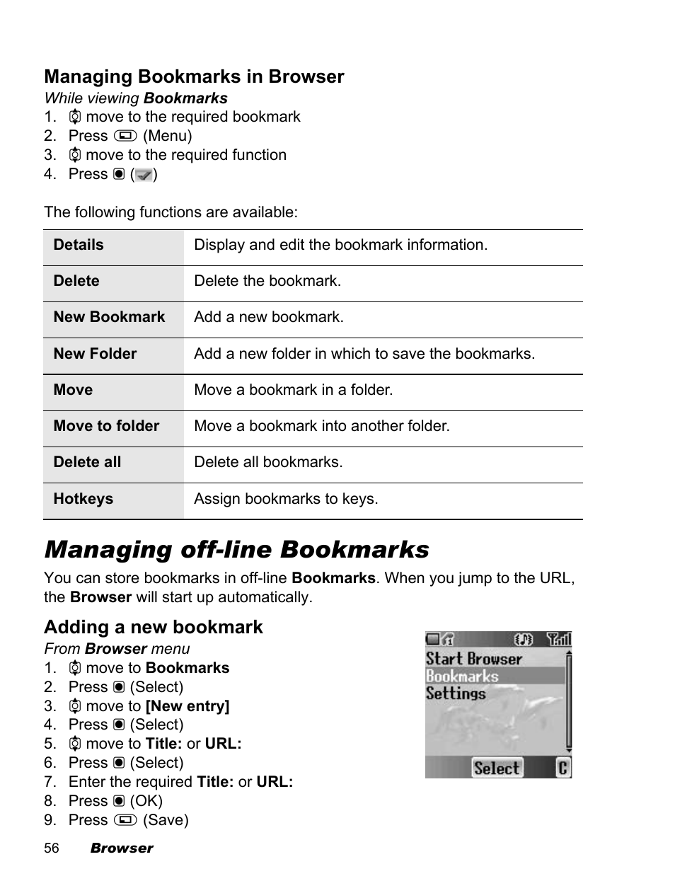 Managing off-line bookmarks, Managing bookmarks in browser, Adding a new bookmark | Panasonic EB-X100 User Manual | Page 58 / 109