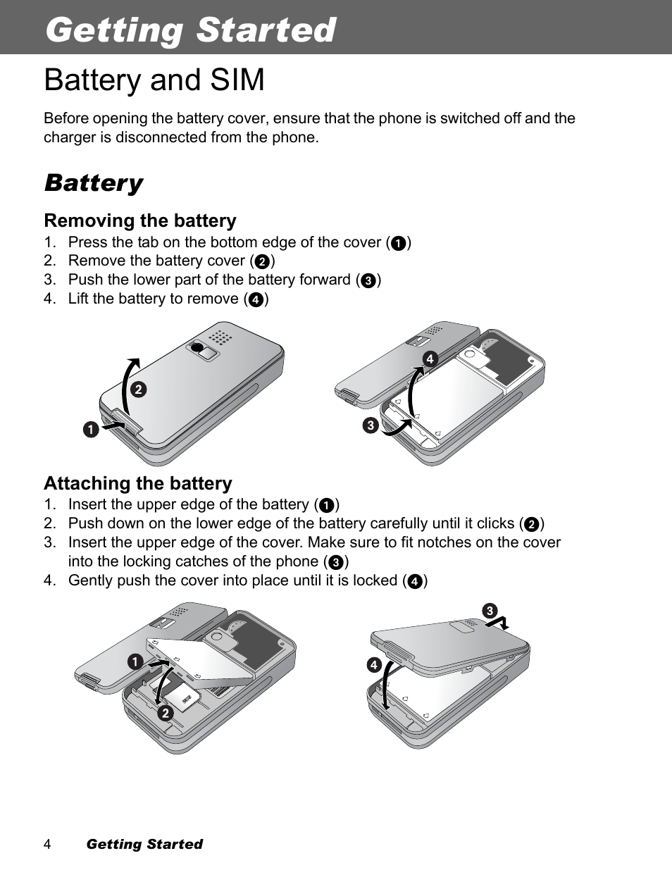 Getting started, Battery and sim, Battery | Panasonic EB-X100 User Manual | Page 6 / 109