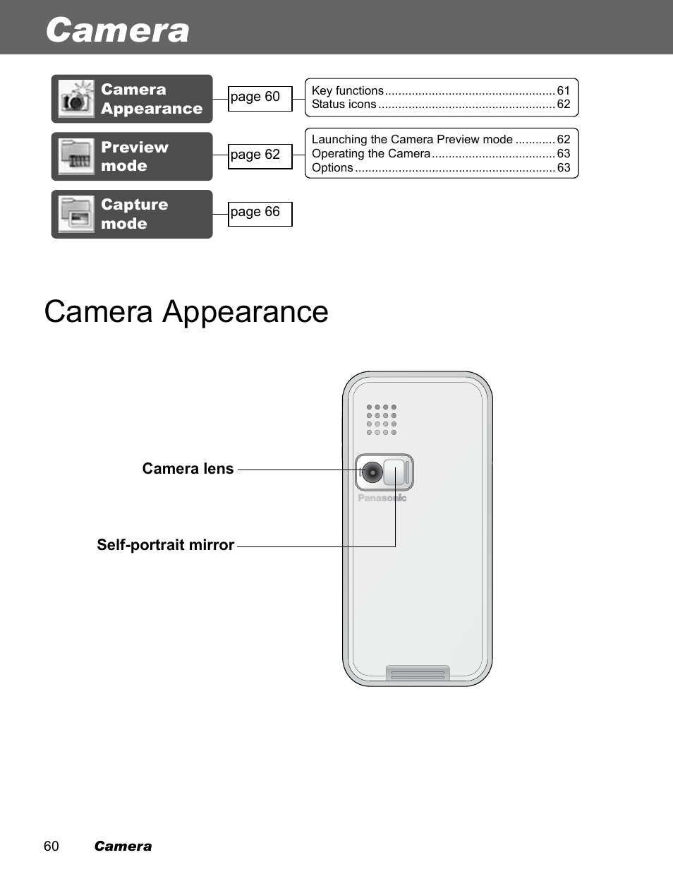 Camera, Camera appearance | Panasonic EB-X100 User Manual | Page 62 / 109