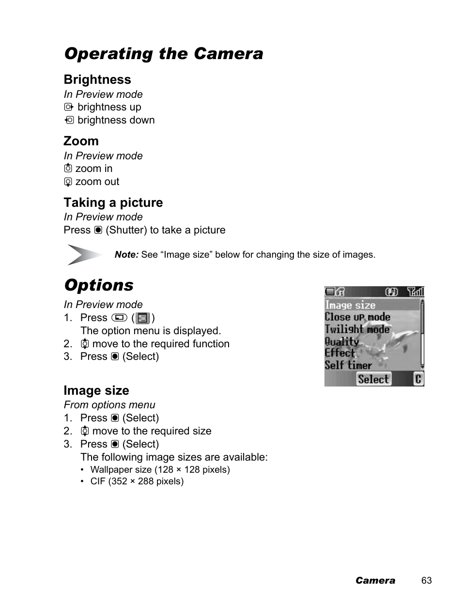 Operating the camera, Options | Panasonic EB-X100 User Manual | Page 65 / 109