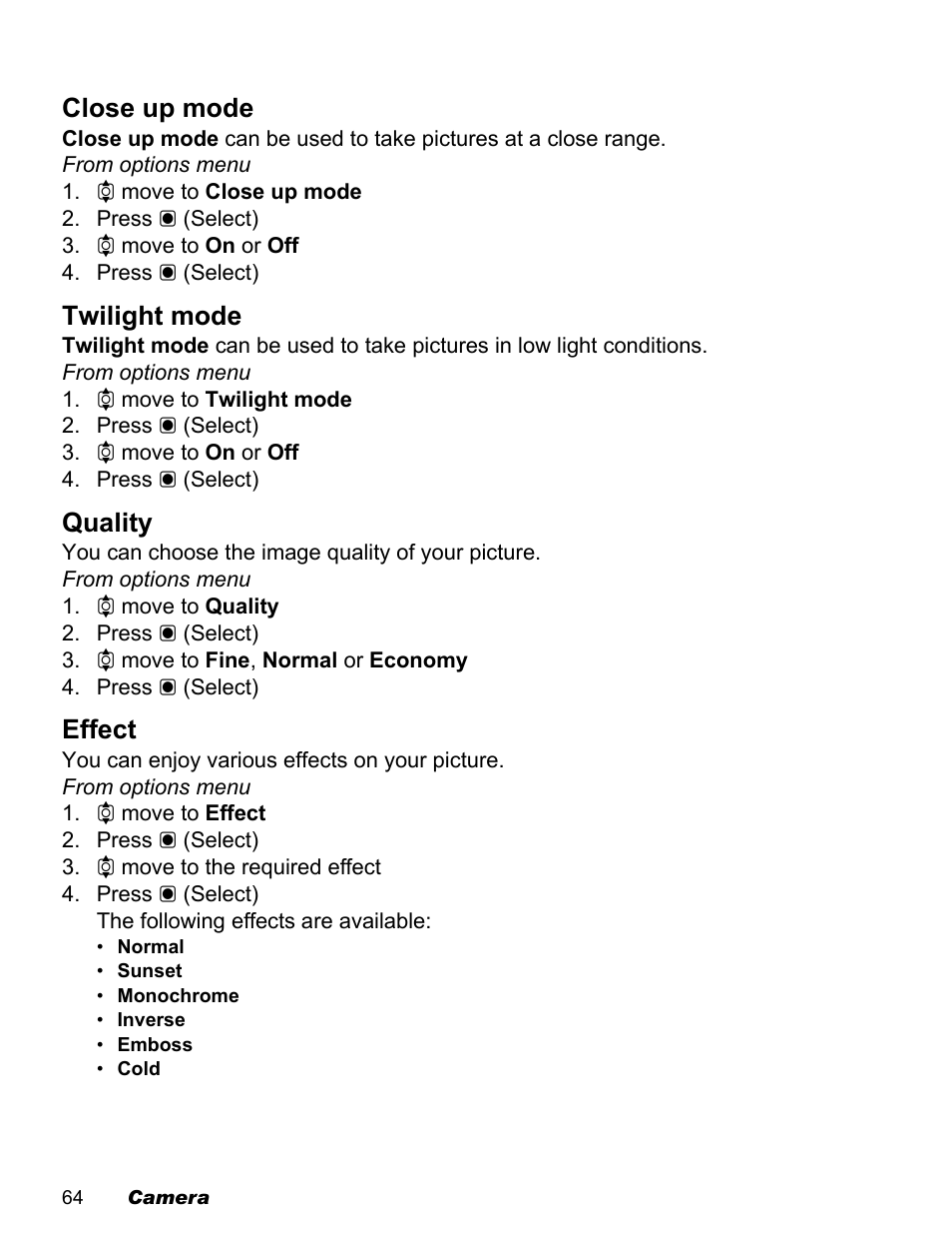 Close up mode, Twilight mode, Quality | Effect | Panasonic EB-X100 User Manual | Page 66 / 109