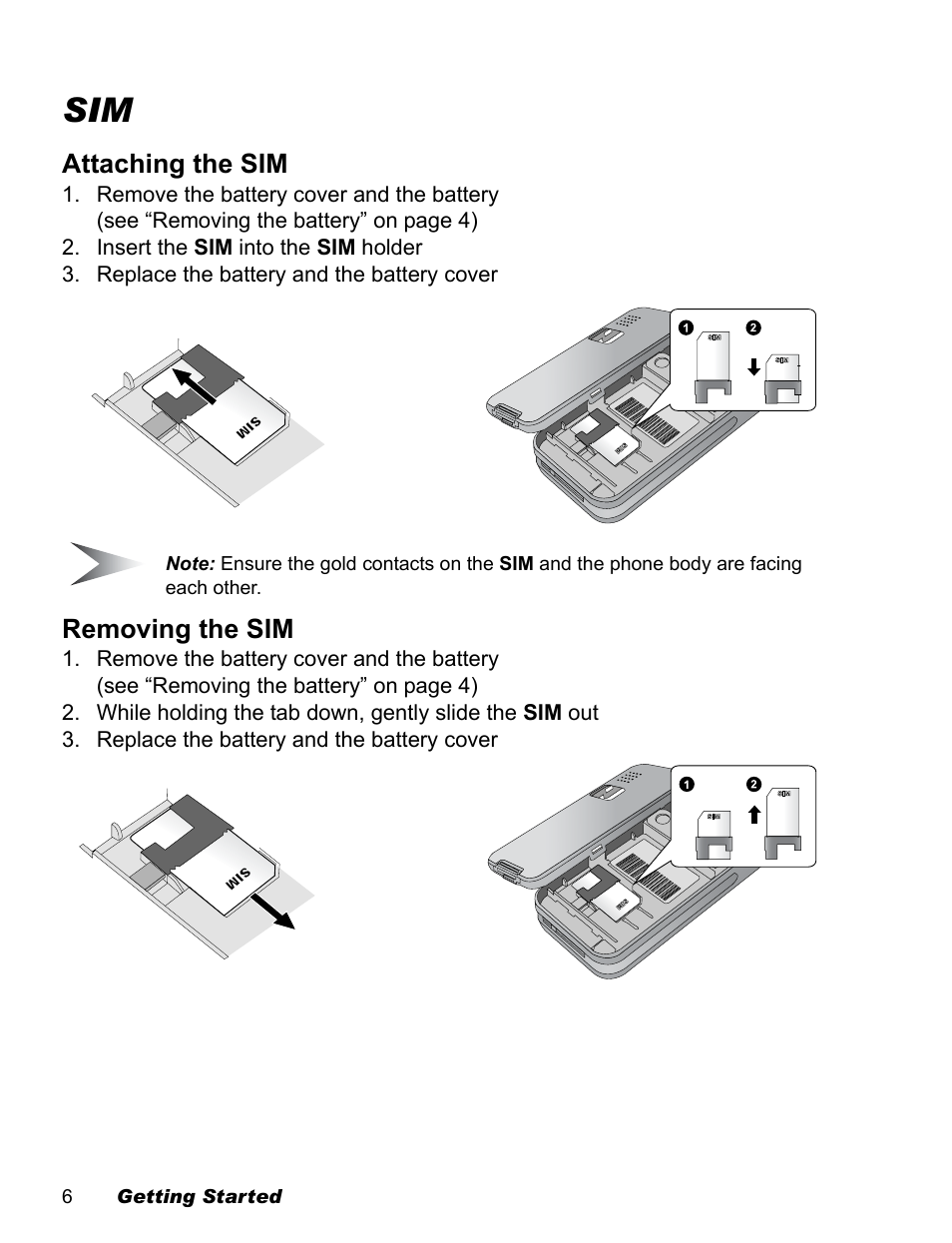 Attaching the sim, Removing the sim | Panasonic EB-X100 User Manual | Page 8 / 109