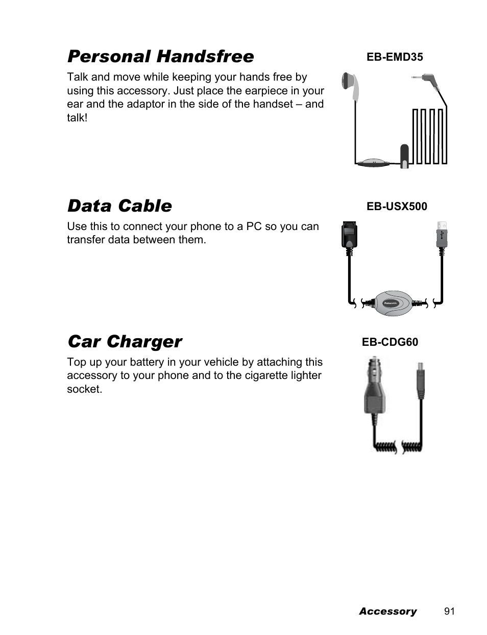 Personal handsfree, Data cable, Car charger | Panasonic EB-X100 User Manual | Page 93 / 109